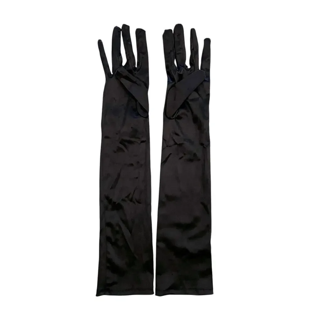 Vintage Black Satin Long Formal Elbow-Length Evening Gloves Size S/M